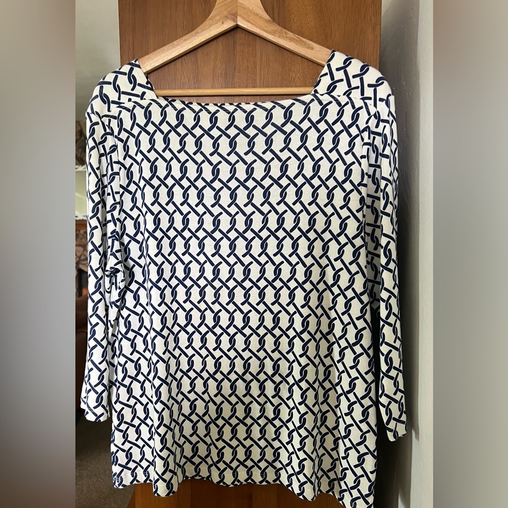 Chico's Boat Neck Blouse - White With Blue Nautical Chain - Size 3